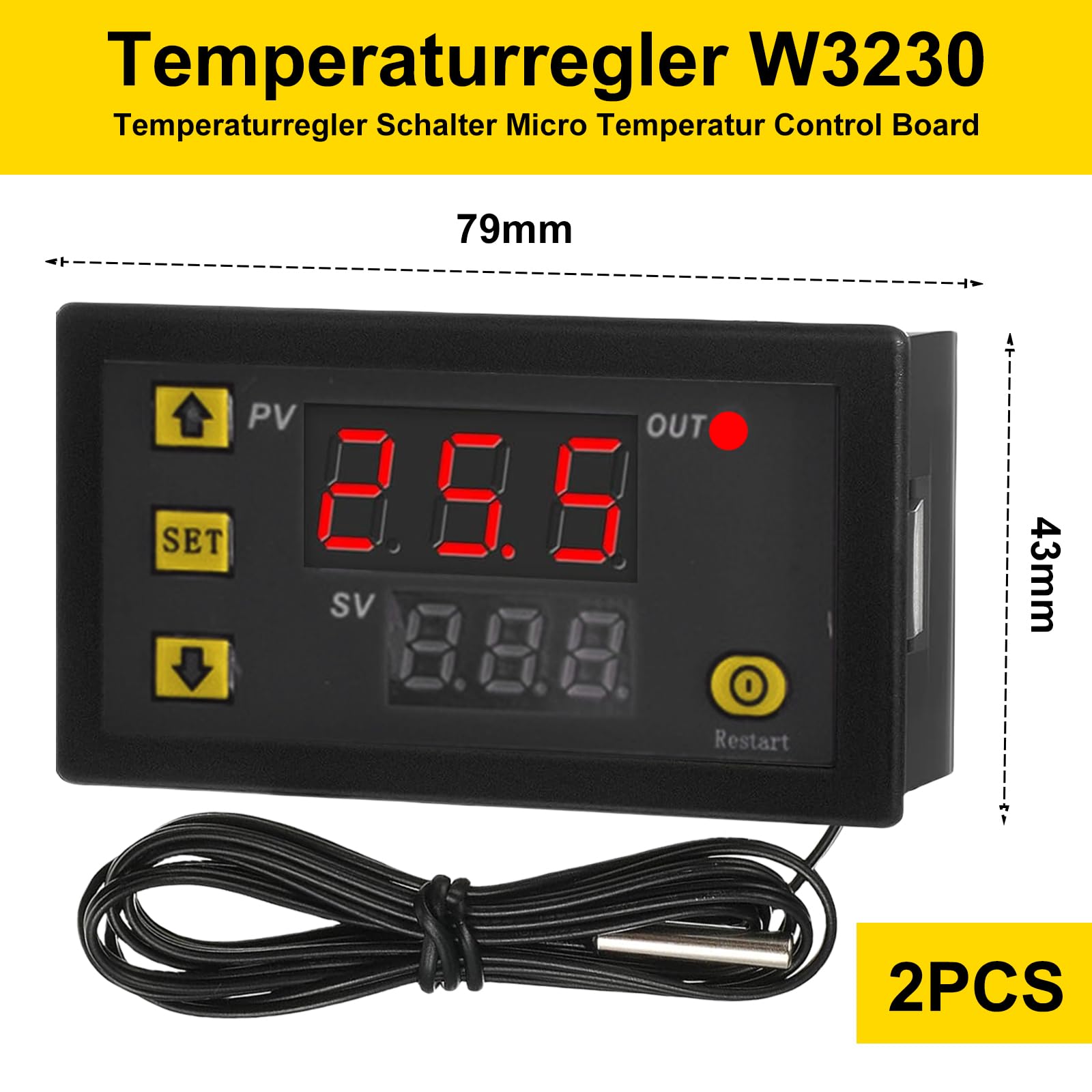Regolatore di temperatura W3230 DC 12 V, 2 pezzi: regolatore di temperatura digitale, termostato digitale, display digitale, termostato per riscaldamento, raffreddamento, acquario, incubatore