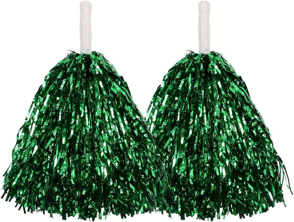 Goldedge Metallic Foil Plastic Cheerleading Pom Poms with Baton Handle for Stage Performance 2-Pieces Set, Green