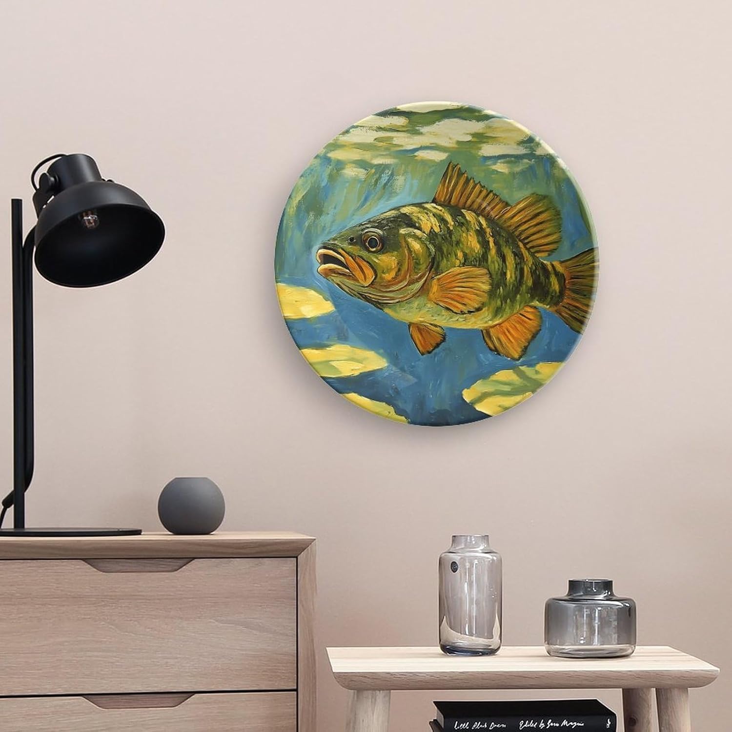 Underwater Bass Fish Decorative Plates for Display Ceramic Plate Tray with Stand Hanger Home Decor