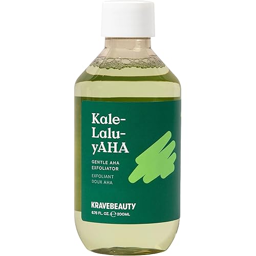 KraveBeauty Kale-Lalu-yAHA Exfoliating Toner, Smooths Texture, Evens Skin Tone, and Unclogs Pores, Gentle AHA Liquid Exfoliant with Glycolic Acid & Kale Extract, Fragrance Free, 200 mL