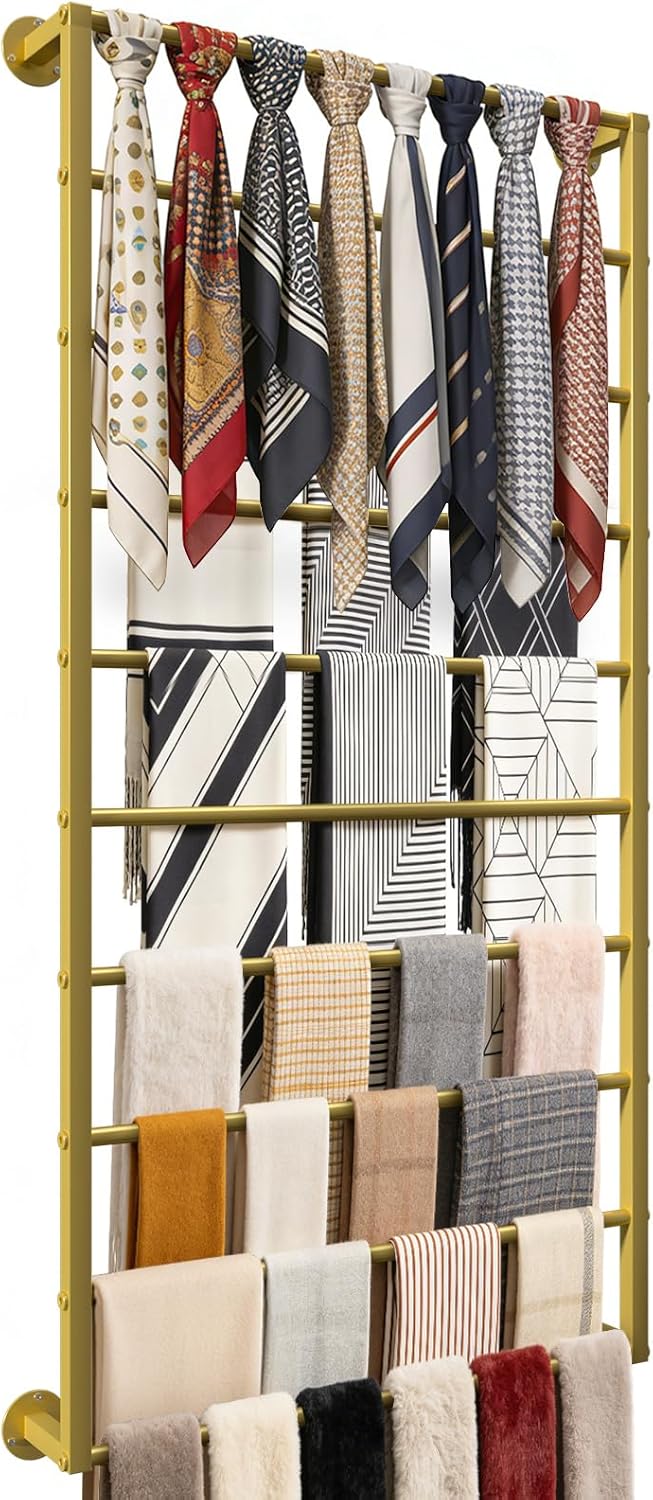 Wall Mounted Scarf Rack, Ties Silk Scarves Towels Storage Multifunctional Metal Rack, Space-Saving Wrapping Paper Organizer Ribbon Holder Wall Display Rack for Flower Shops