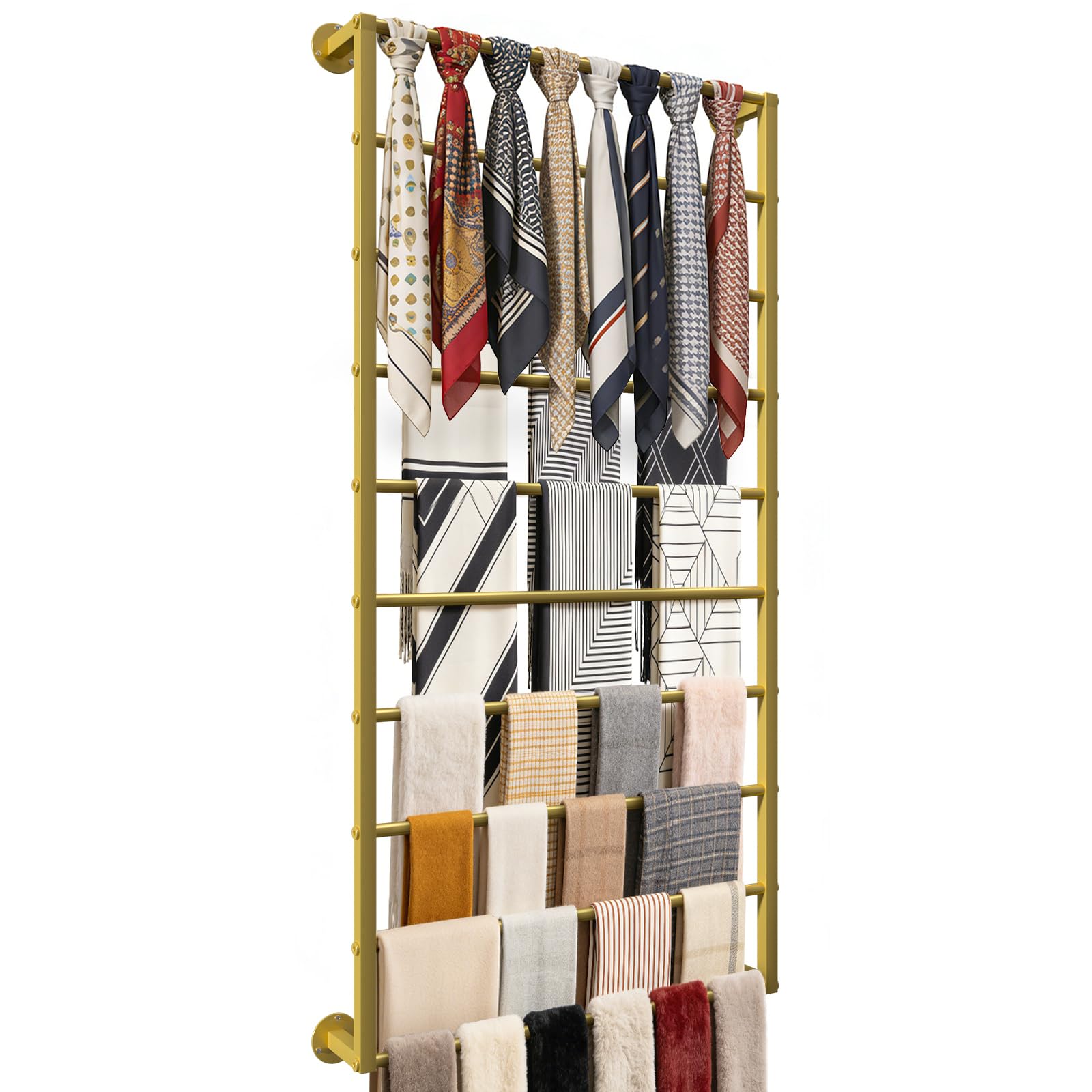 Photo 1 of FWTXZTER Wall Mounted Scarf Rack, Gold Silk Scarves Hijab Hanger Organizer Metal Racks Wrapping Tissue Paper Ribbon Holder Towels Storage Display for Flower Shop Retail Store (Gold, 10T-23.6×47.2IN)