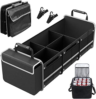 94L Auto Kofferraum Organizer mit 25L Kühltasche, 5 In 1 Faltbare Kofferraumtasche, 5 Extra Große Fächer & Klappbarer Deckel, Verstellbare aufbewahrungsbox für SUV Kombi, Camping und Alltag
