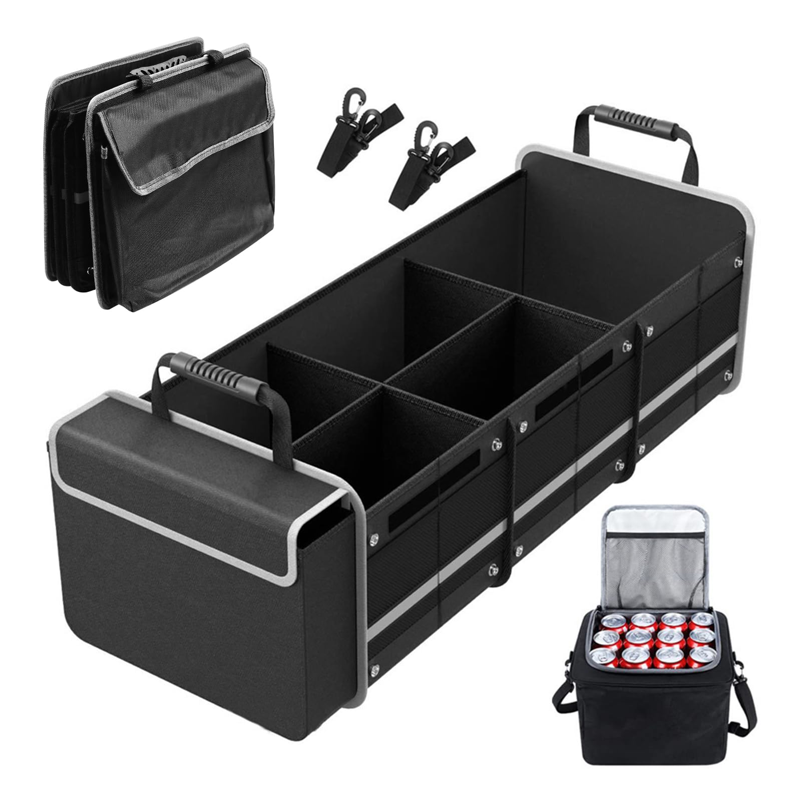 Organizer per bagagliaio auto, 94 l, pieghevole 5 in 1, con borsa termica integrata, 3 scomparti extra grandi e coperchio, contenitore regolabile per SUV Kombi, campeggio e uso quotidiano