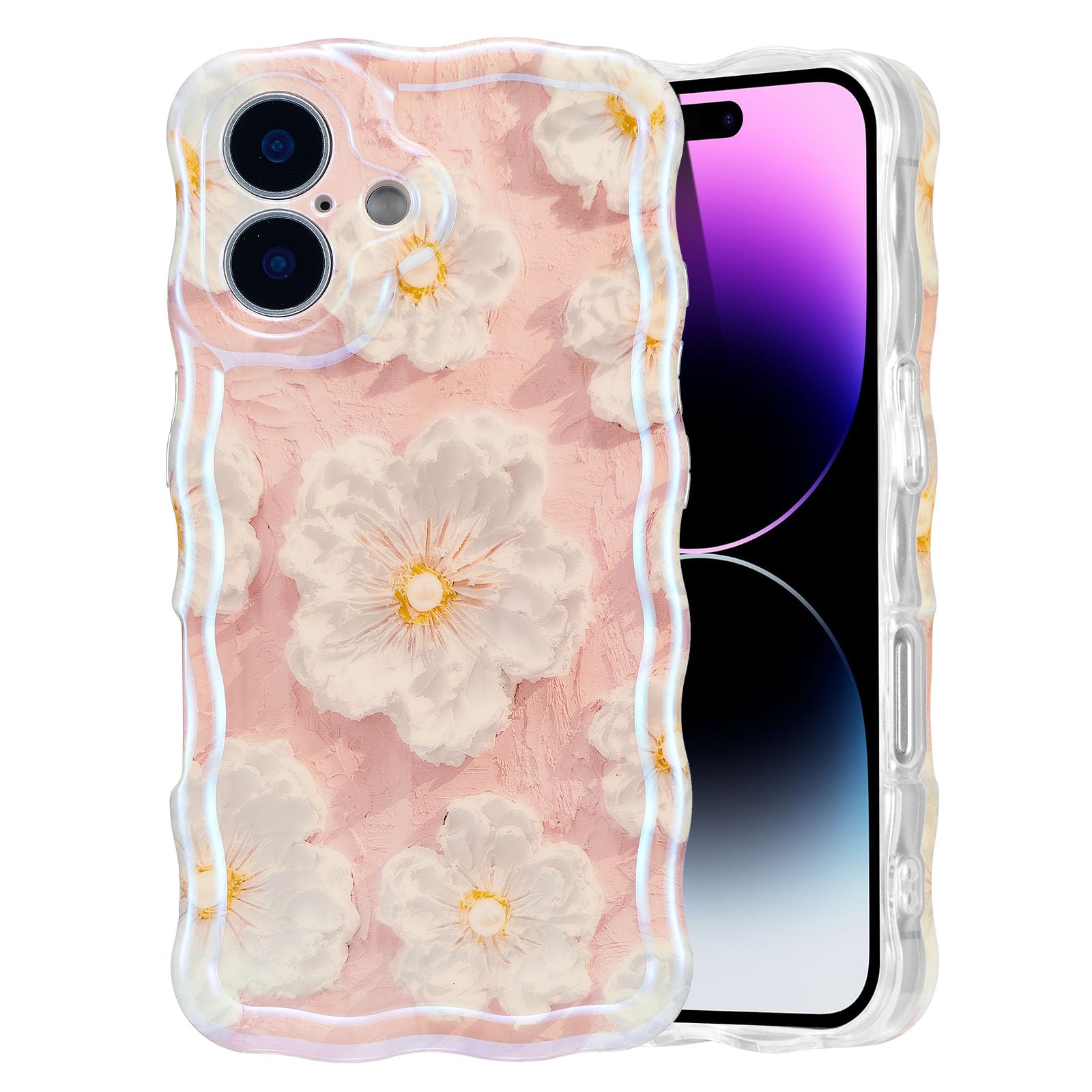 EYZUTAK Case for iPhone 15, Colorful Retro Oil Painting Flower Laser Beam Glossy Pattern Cute Curly Waves Border Exquisite Phone Cover Stylish Durable Soft TPU Protective Case for Girls Women - Green — view 58