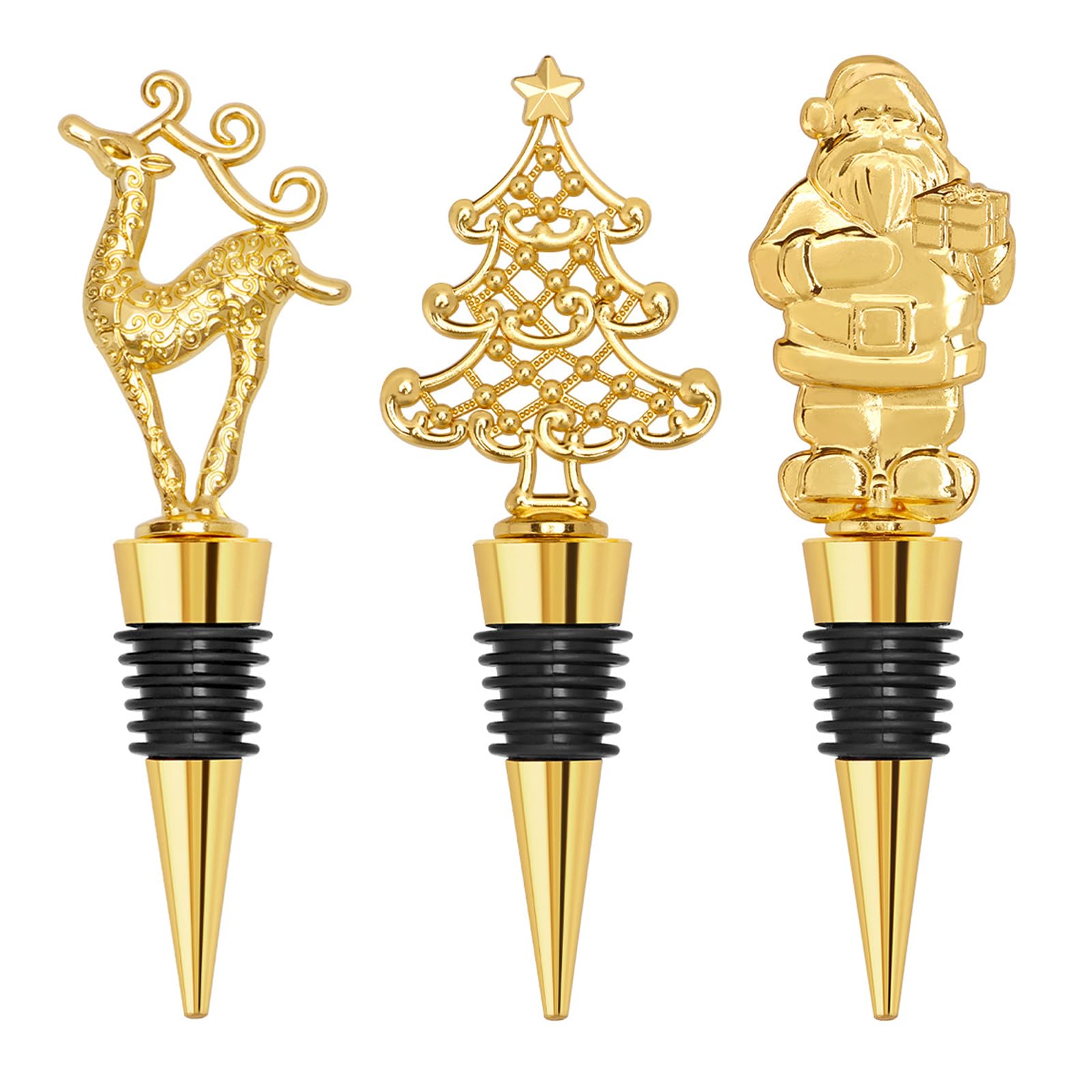 Vspek Wine Stopper Christmas, 3 Pieces Gold Bottle Stopper Wine Bottle Stopper for Wine Collection Wine/Champagne Santa Claus/Reindeer/Christmas Tree Decoration