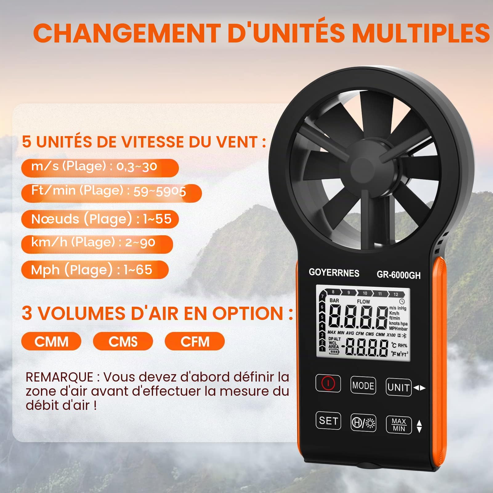 Anémomètre Numérique portatif GR-6000GH CFM Meter Gauge Débitmètre d'air portable Mesure de la vitesse de l'air Volume d'air Température pour les bouches d'aération HVAC, la navigation de plaisance