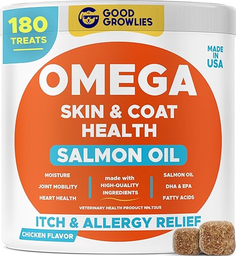 Omega 3 Alaskan Fish Oil Treats for Dogs (180 Ct) – Dry & Itchy Skin Relief + Allergy Support – Shiny Coats – EPA&DHA Fatty Acids – Natural Salmon Oil Chews Promotes Heart, Brain, Hip & Joint Support