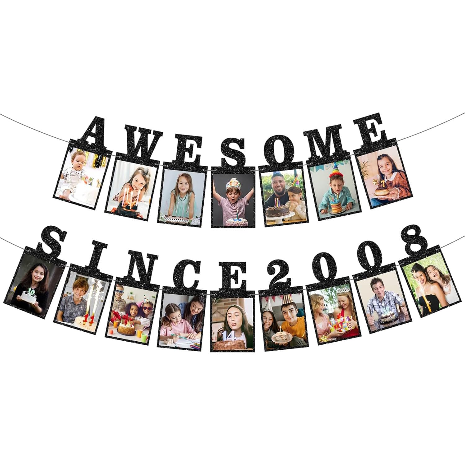 16th Birthday Photo Banner, Awesome Since 2010, Black Glitter, 4x6 Picture Display, Easy to Assemble, Party Decoration (Black, 18th Birthday)