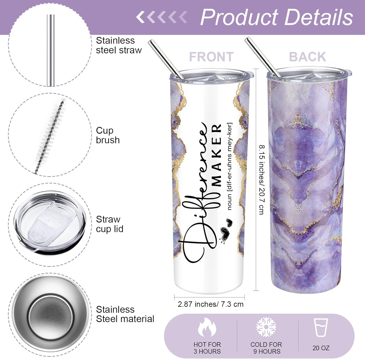 6 Pcs Valentines Day Employee Appreciation Gifts Bulk for Women Difference Maker Gift Thank You Gift Leather Journal with 3 Ballpoints Tumbler Makeup Bag for Coworker Employee Teacher Nurse(Purple) - Image 3