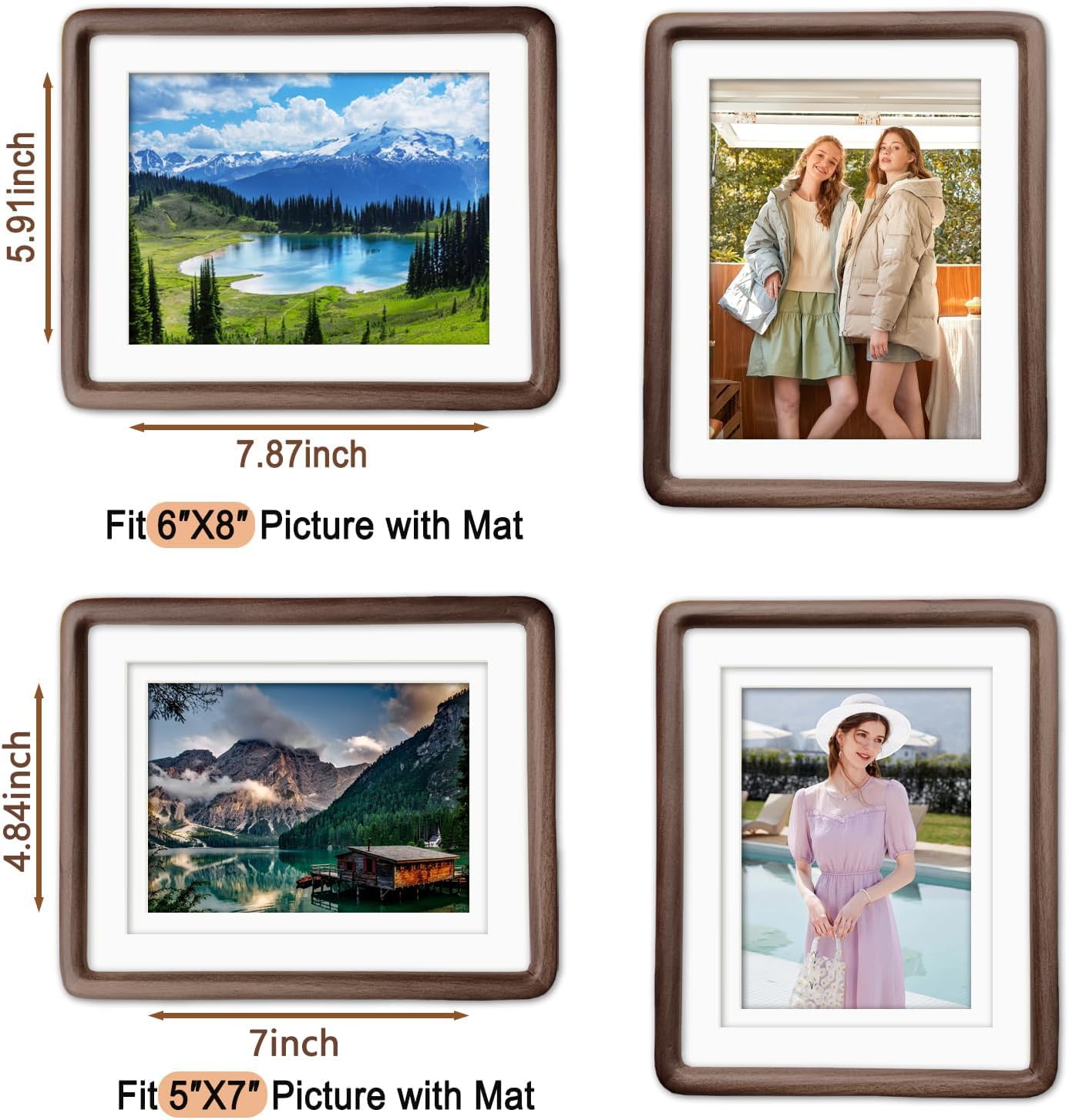 8x10 Natural Dark Walnut Solid Wood Picture Frames, Hand Make Crafted Original Wood Frame with Mat to 6x8,Rounded Edge Wooden Photo Frame, For TableTop and Wall Decoration