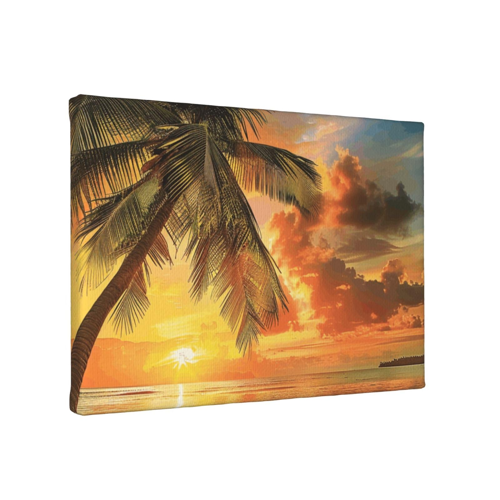 YKLJG Tropical Beach Palm Tree Sunset Printed Wall Art Canvas Painting 30x20 CM Wooden Framed Picture Painting Artwork Prints for Bedroom Kitchen Home Office Decor