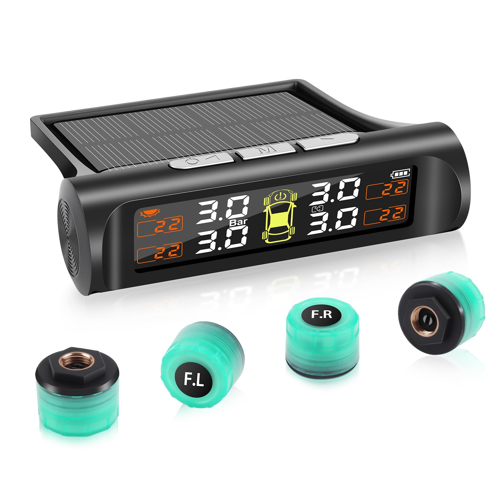 TPMS Reifendrucküberwachungssystem,4 Externe Leuchtend Sensoren, mit Solar/USB, 5 Alarme, Auto On/Off für Wohnwagen, SUV's, Limousinen und MPV's(3.5bar)