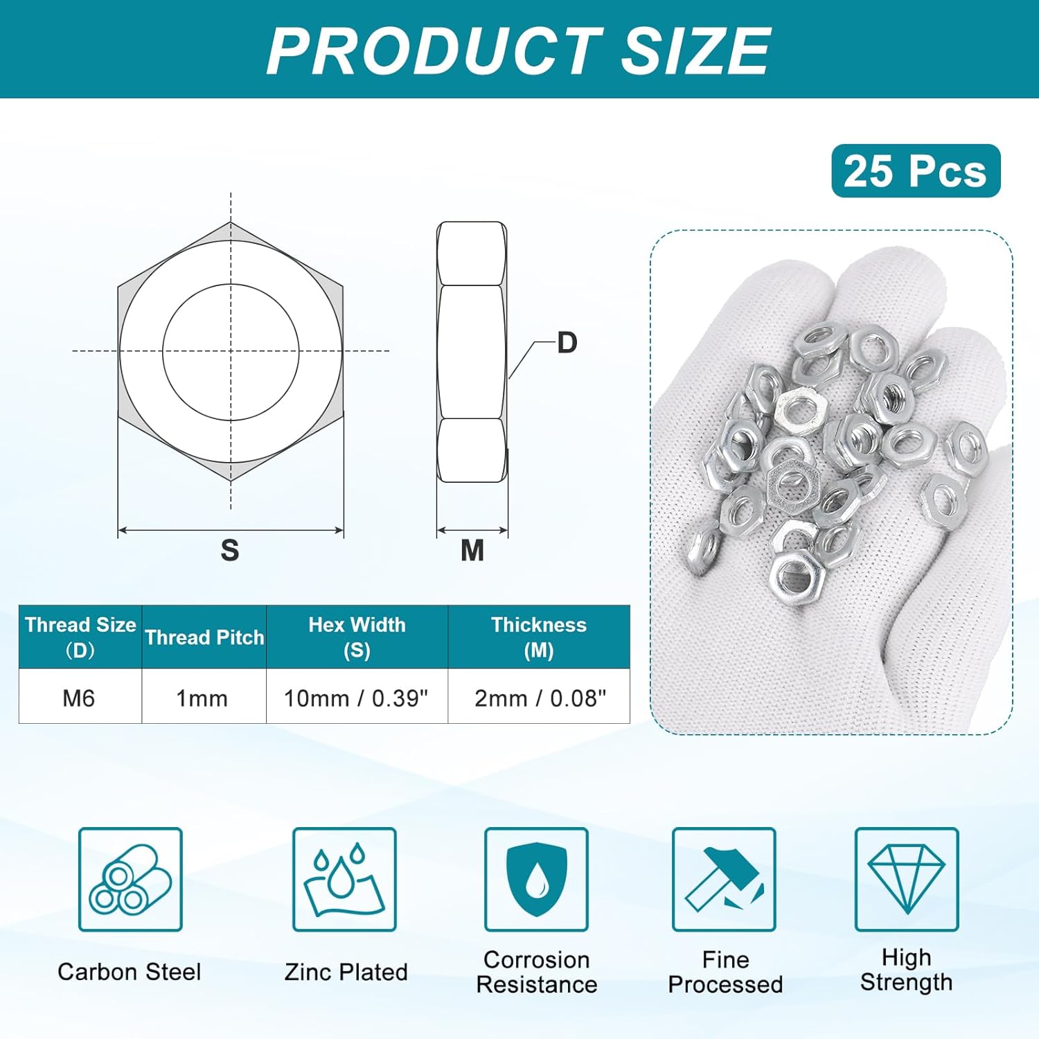 PATIKIL M6x1x2mm Steel Hex Nuts, 25Pcs Metric Thread Carbon Steel Zinc Plated Finished Hardware Metal Screw Nuts Fasteners for Machinery Manufacturing, Industrial Use, 10mm Width
