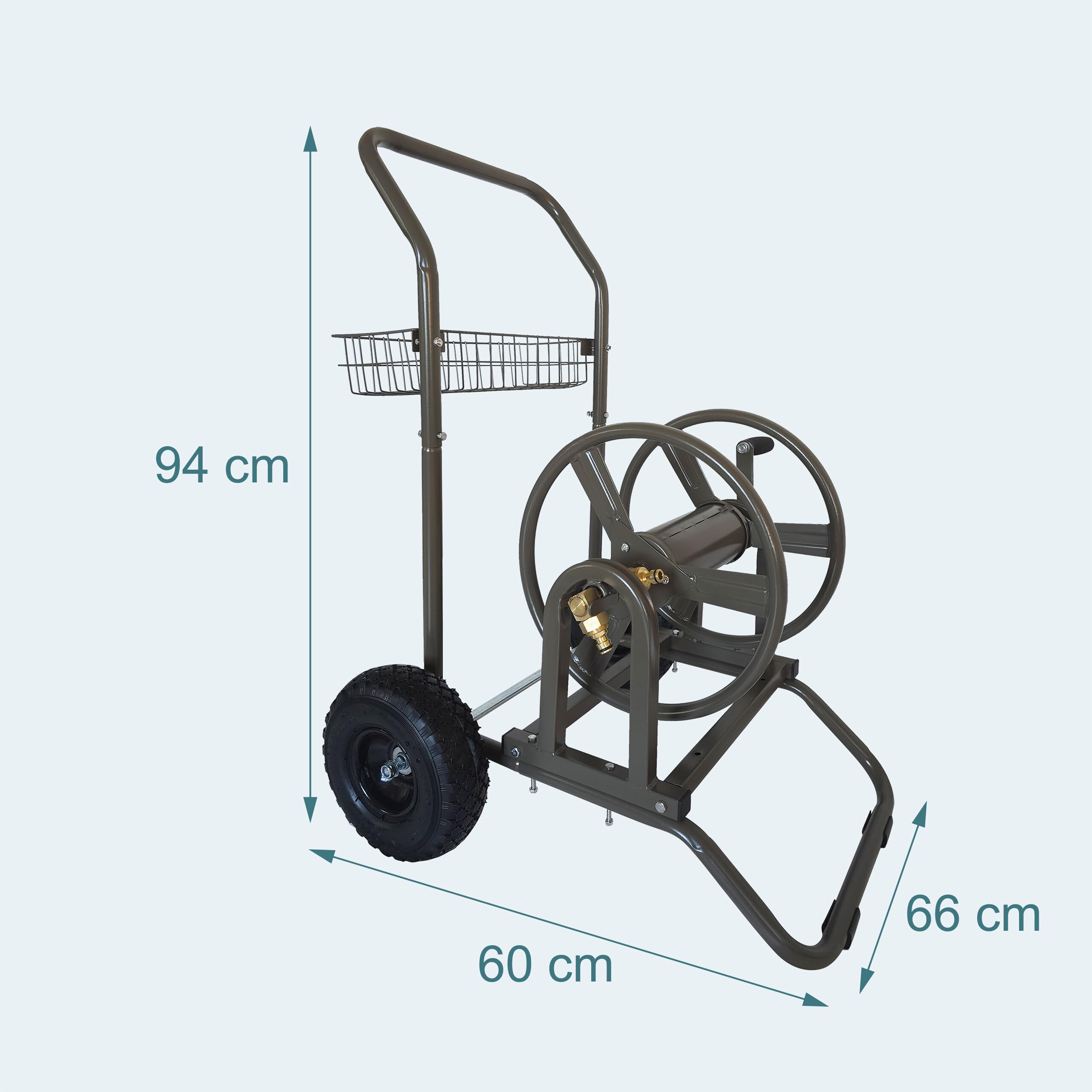 Relaxdays Chariot dévidoir en Acier, 60 m, raccord à clic, 2 Roues pneumatiques, Tambour Amovible, Marron 94x66x60 cm