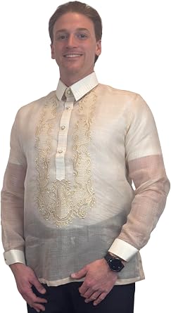 Barong Tagalog for Men - Long Sleeve Traditional Filipino Shirt - Ivory Cocoon Fabric - US Size