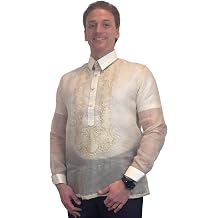 Barong Tagalog for Men - Long Sleeve Traditional Filipino Shirt - Beige Cocoon Fabric - US Size