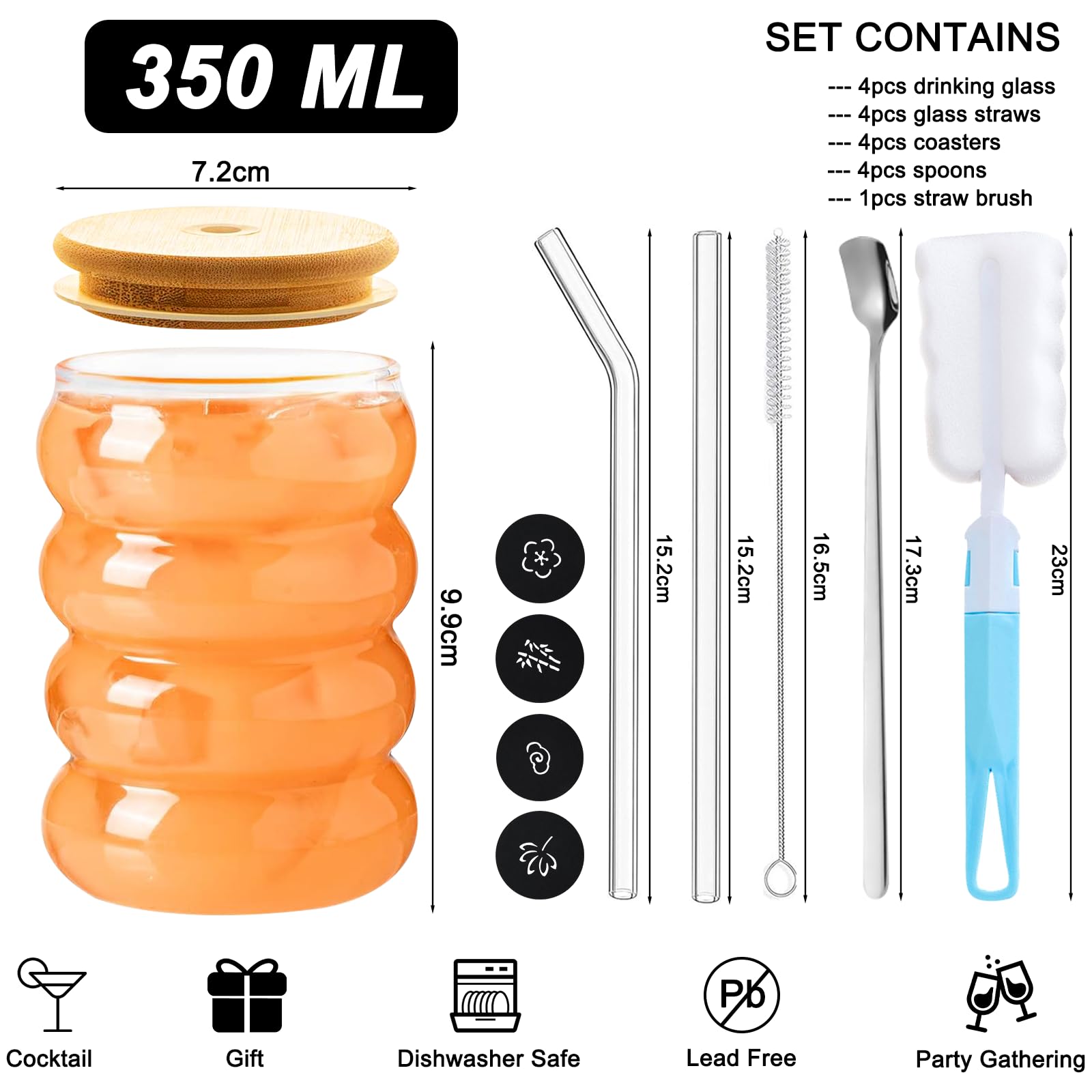 Set di 4 Bicchieri a Coste (350ml) in Vetro con Cannucce, Coperchio e Cucchiaio - Tazzine per Caffè, Cocktail, Latte, Acqua