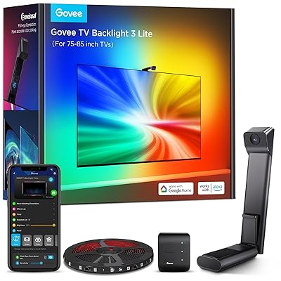Govee TV Backlight 3 Lite with Fish-Eye Correction Function Sync to 55-65 Inch TVs, 11.8ft RGBICW Wi-Fi LED Strip Lights with Camera, 4 Colors in 1 Lamp Bead, Voice and APP Control, Adapter