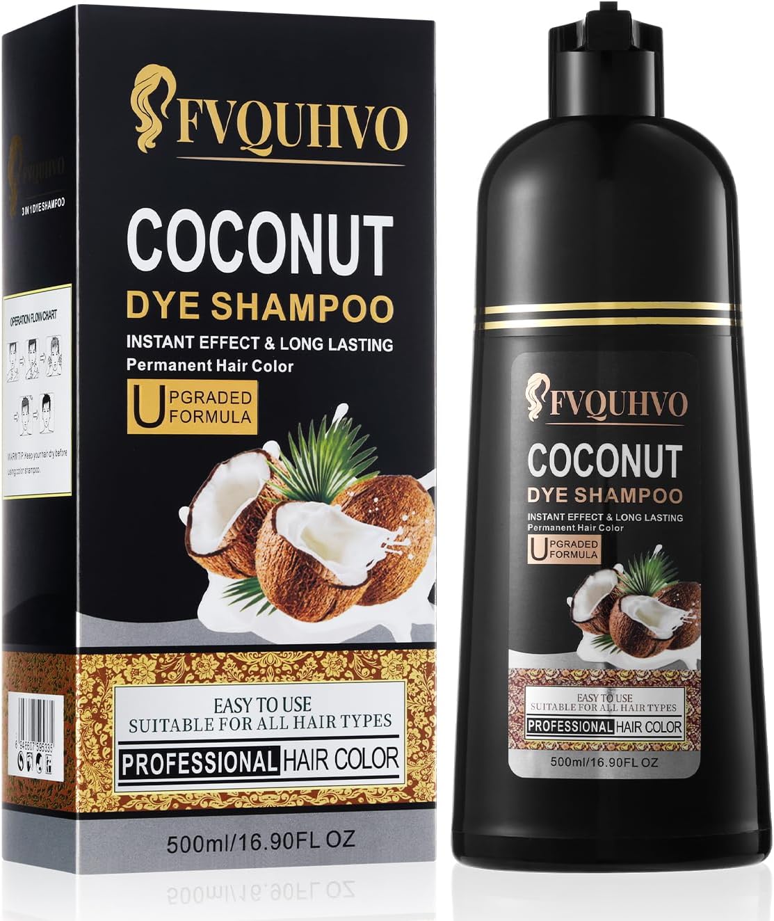 Fvquhvo Instant Black Hair Shampoo for Gray Hair - Herbal Black Hair Dye Shampoo 3 in 1 for Women & Men,16.90 Fl Oz Black Hair Dye, Long lasting Black Shampoo, Champu Para Canas & Shampoo Para Canas