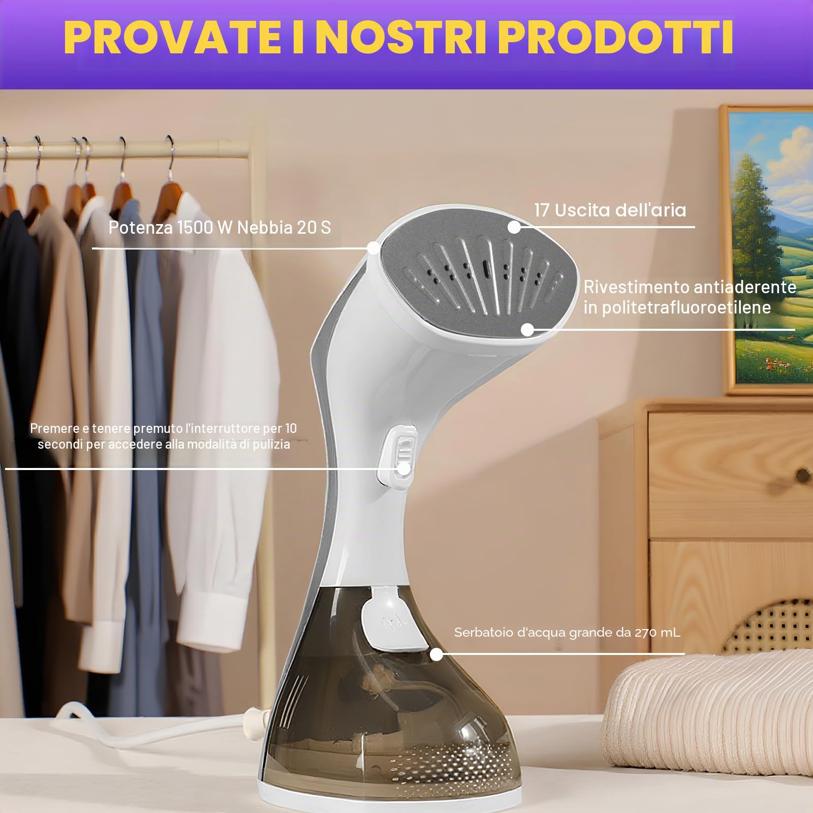 Vaporiera da 1500 W, Serbatoio Acqua 270ML, Stiratrice Verticale Portatile per Casa, Ufficio e Viaggi, Compatta e Leggera, Riscaldamento Rapido Ferro da Stiro Verticale Lunghezza Linea 1.8 M