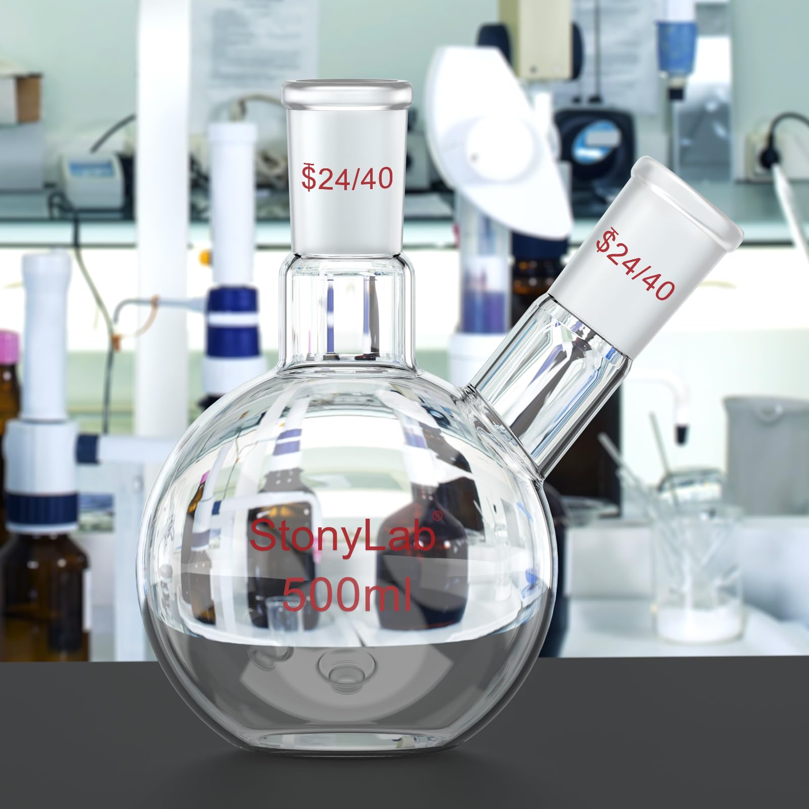 stonylab Flachbodenkolben FBF, Schwerwandiger 2-Hals-Laborkolben Borosilikatglas Flachboden Siedekolben mit 24/40 Standard-Gelenk, 500 ml