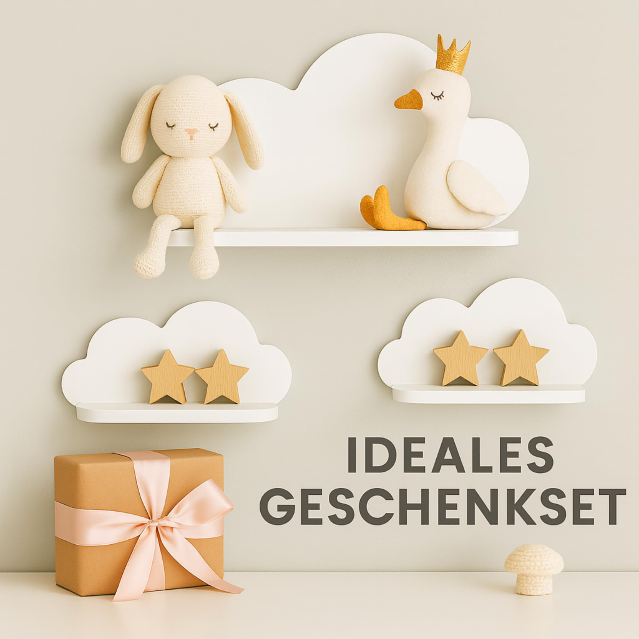Wolkenregal 3er Set Holz – weiß, pflegeleicht & stilvoll | einfache Montage, nachhaltig & langlebig | Zeitloses Design, Designed in Deutschland | Babyzimmer Deko | Ideales Geschenkset