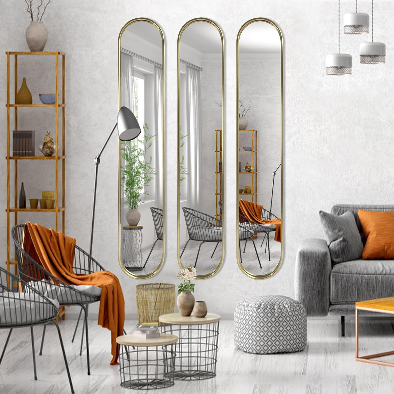 Gold Tall Mirror,Narrow Capsule Long Mirrors with Metal Frame for Entryway,Hallway,Living Room 44"X8" (3pcs) - Image 7