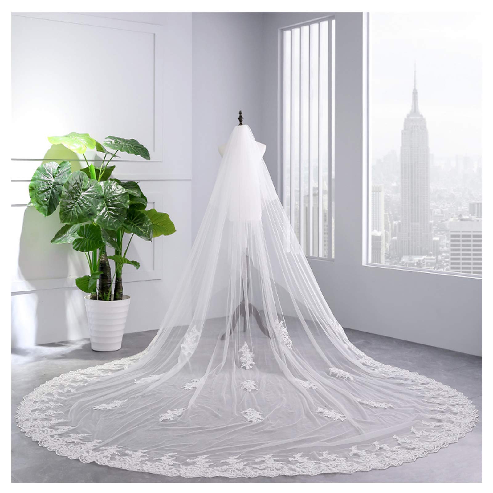 Velo da sposa doppio strato da sposa in pizzo super lungo bianco avorio con applicazioni in pizzo lunghezza bordo del nastro per accessori per capelli regalo cattedrale pettine (3,5 * 3 m), avorio (