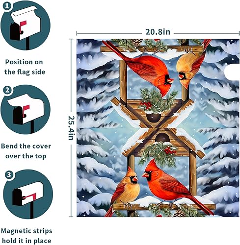 Miniatura 6 de Funda magnética para buzón de pájaros cardenales de invierno, tamaño estándar, 25.5 x 21 pulgadas, diseño de pájaro rojo de Navidad, para buzón,