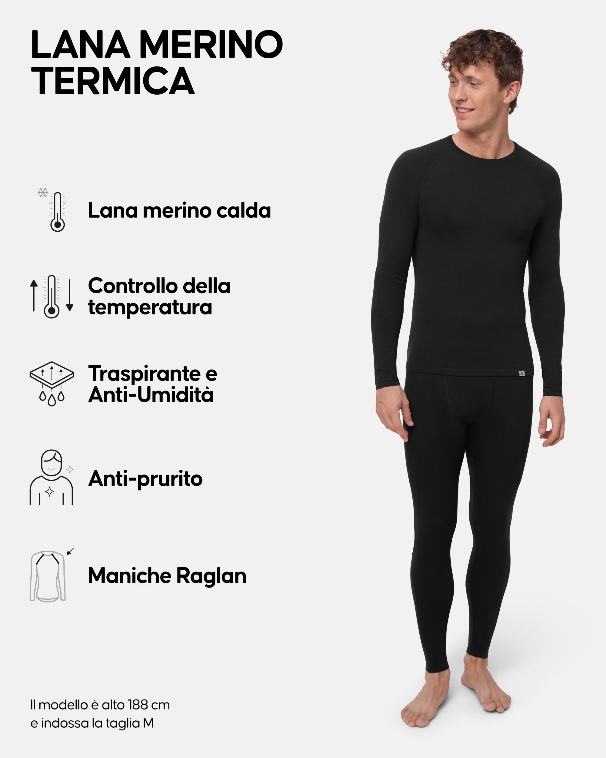 DANISH ENDURANCE Intimo Termico Uomo Lana Merino, Maglia Termica Uomo e Pantaloni Termici, Calzamaglia Termica Uomo Invernale per Sci, Trekking