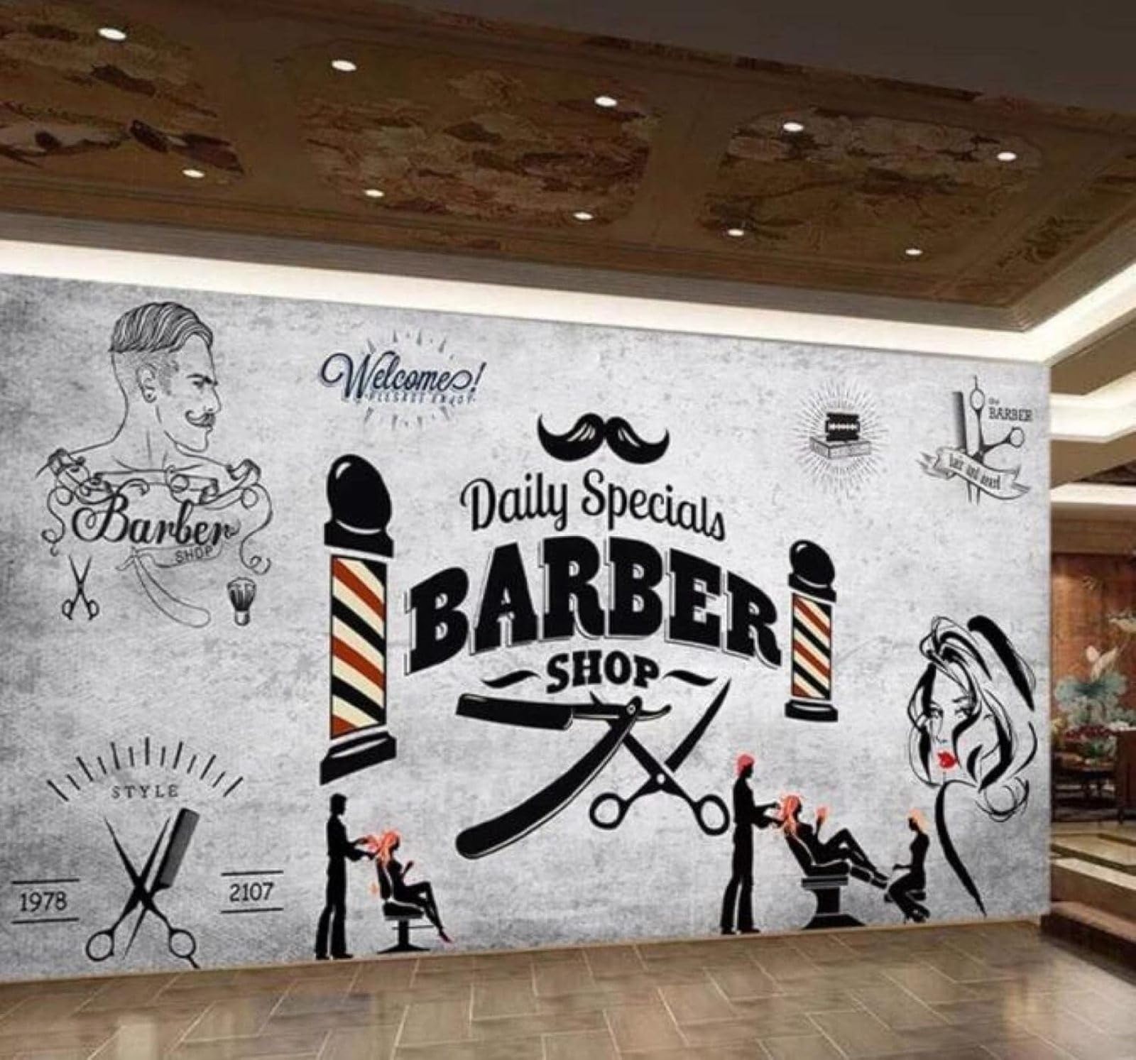 Xlming 400Cm×280Cm(B×H) Retro Concrete Wall People Barber Shop Poster 3D Wallpaper Luxury Silk Study Dining Feature Sofa Grey Bedroom Living Room Tv Decorative Wall-400Cm×280Cm