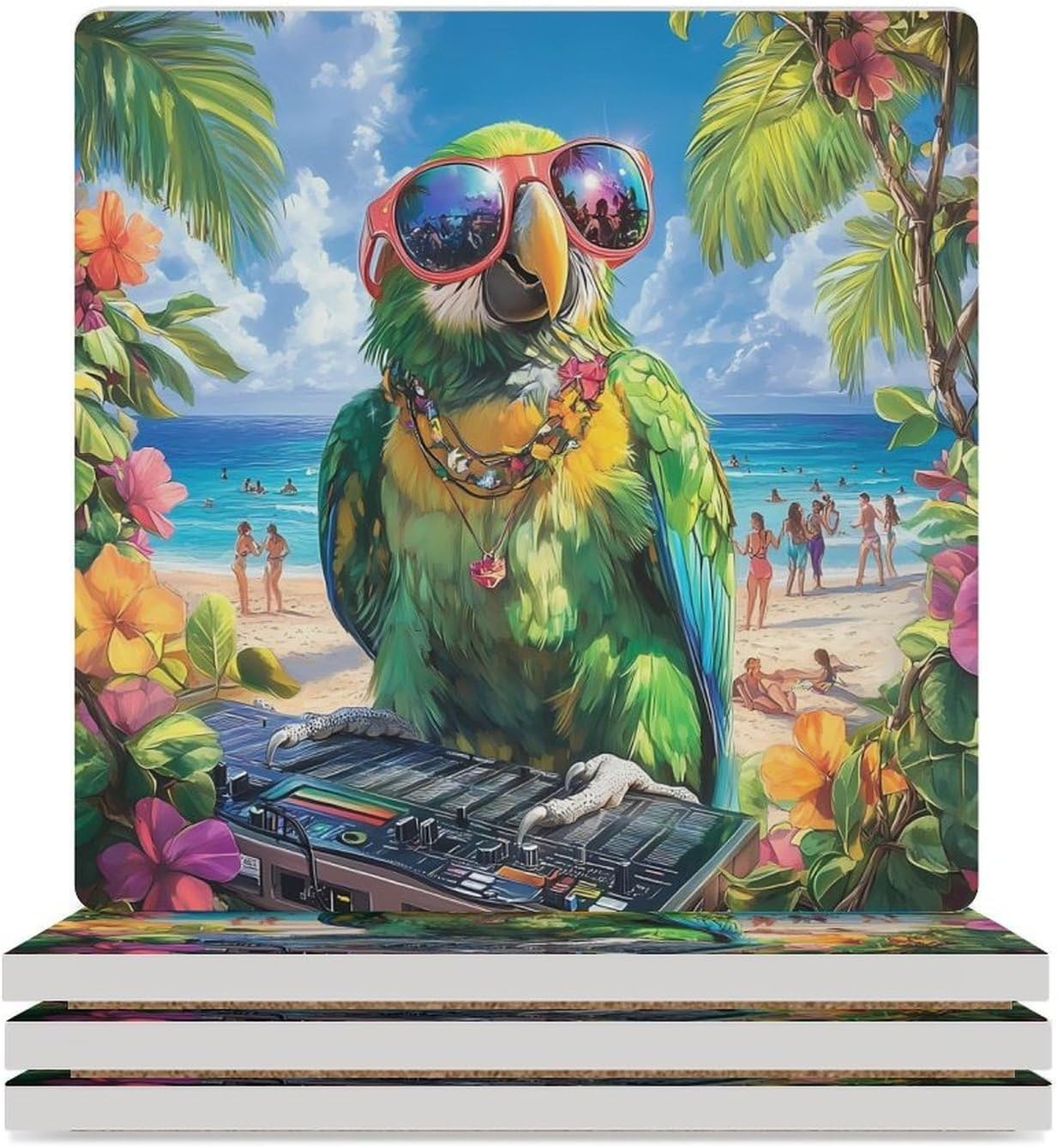 Funny Parrot Print Coasters for Drinks Square Table Coasters Set Cup Mats with Cork Base