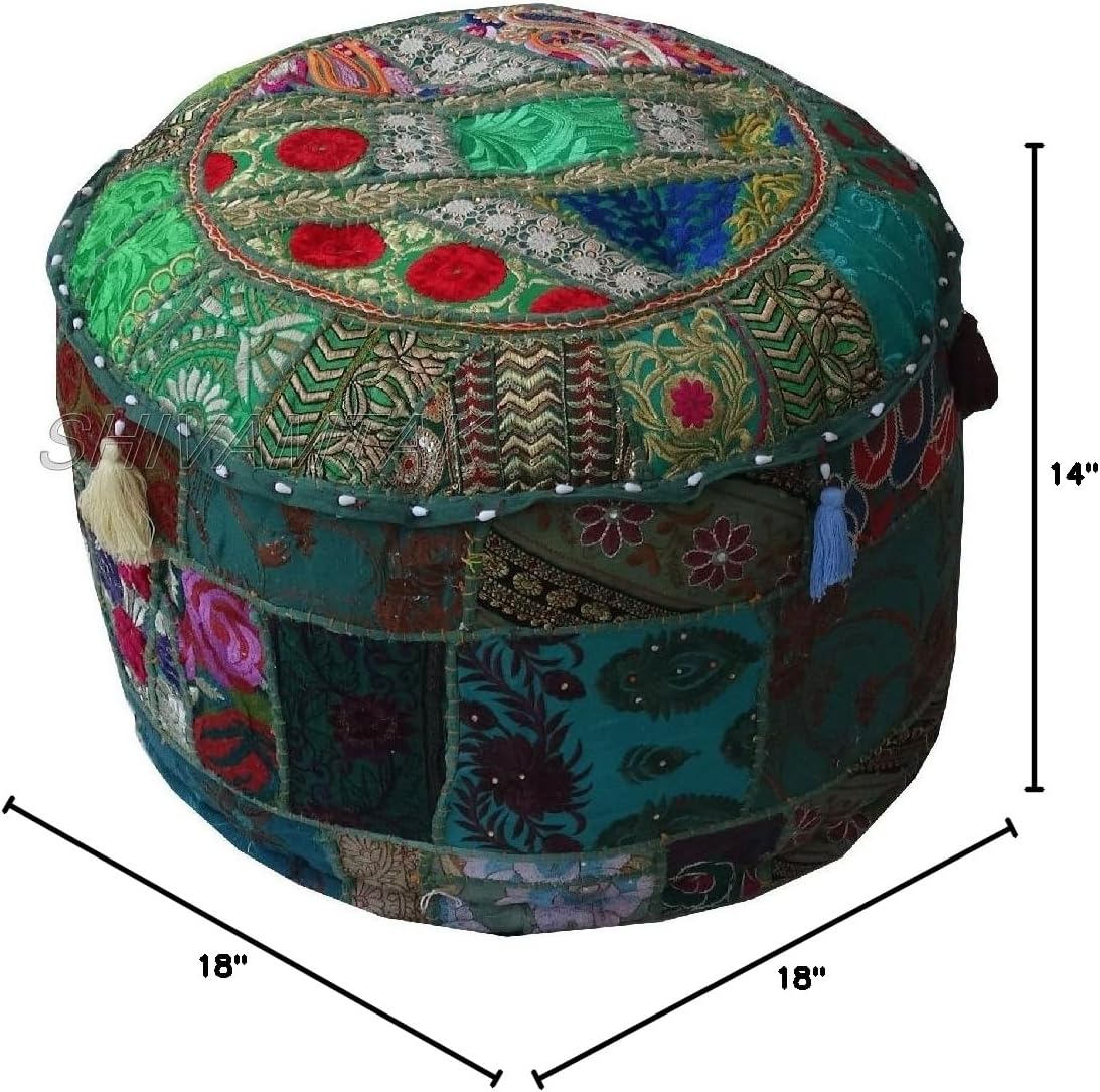 Mango Gifts Handmade Embroidered Patchwork Ottoman Pouf Cover Footstool Cover (Without Filler) 45cmx35cm (Green)