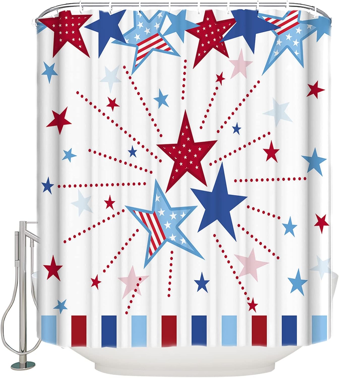 Waterproof Shower Curtain for Bathroom with Hooks,Fourth of July Independence Day LUE and Red Stars Polyester Fabric Shower Curtain Sets Machine Washable Bath Curtain, 48 x 72 inch
