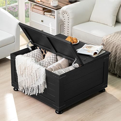 Miniatura 7 de Mesa de centro de granja con almacenamiento oculto, mesa cuadrada de centro de madera para sala de estar, grandes mesas rústicas de cóctel con tapas