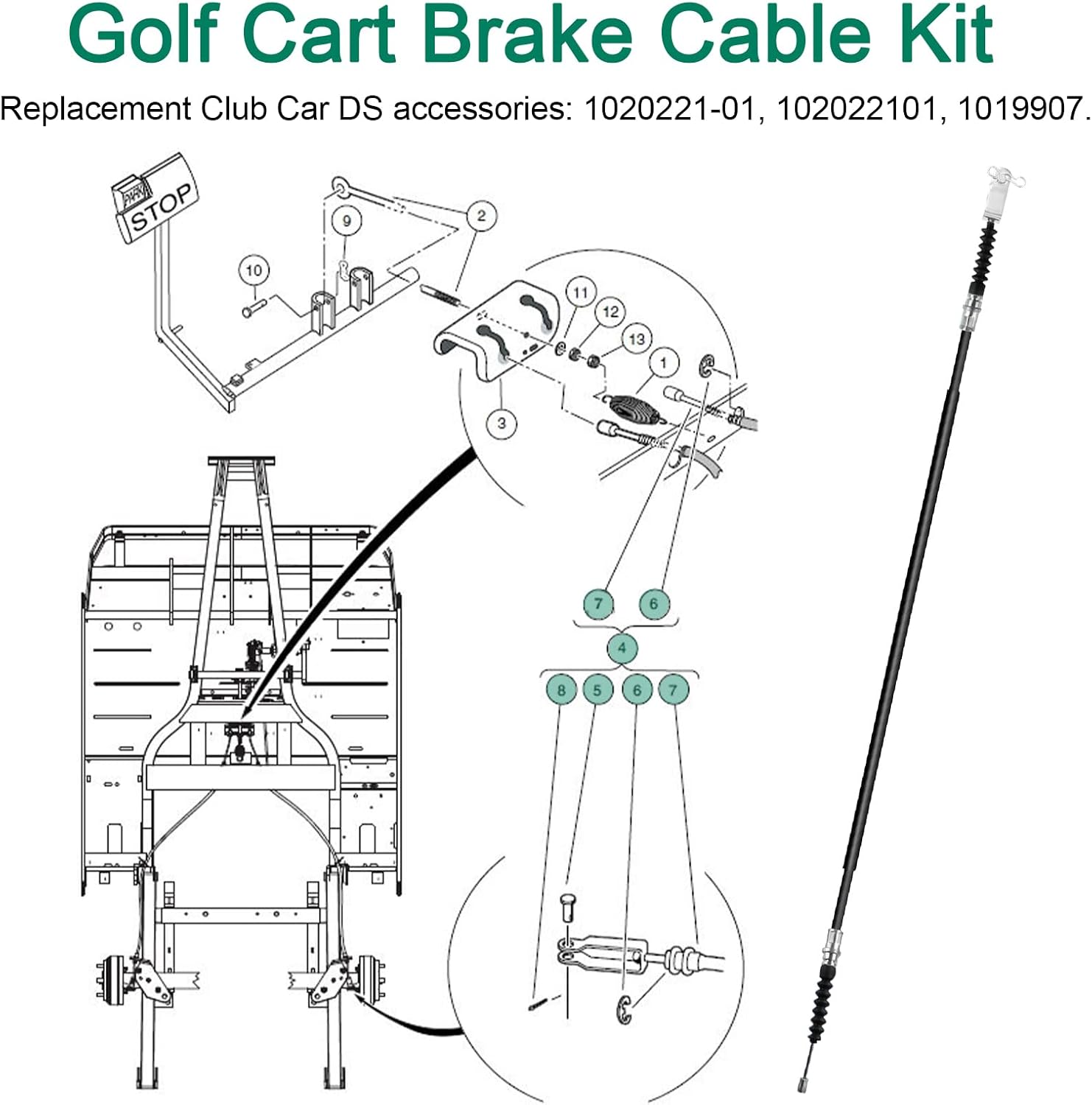 RO6G Replacement Club Car Ds Brake Cable 102022101 1020221-01 1019907 for 2000-Up Club Car Golf Cart Cable Stainless Steel Core Driver & Passenger Side Cables