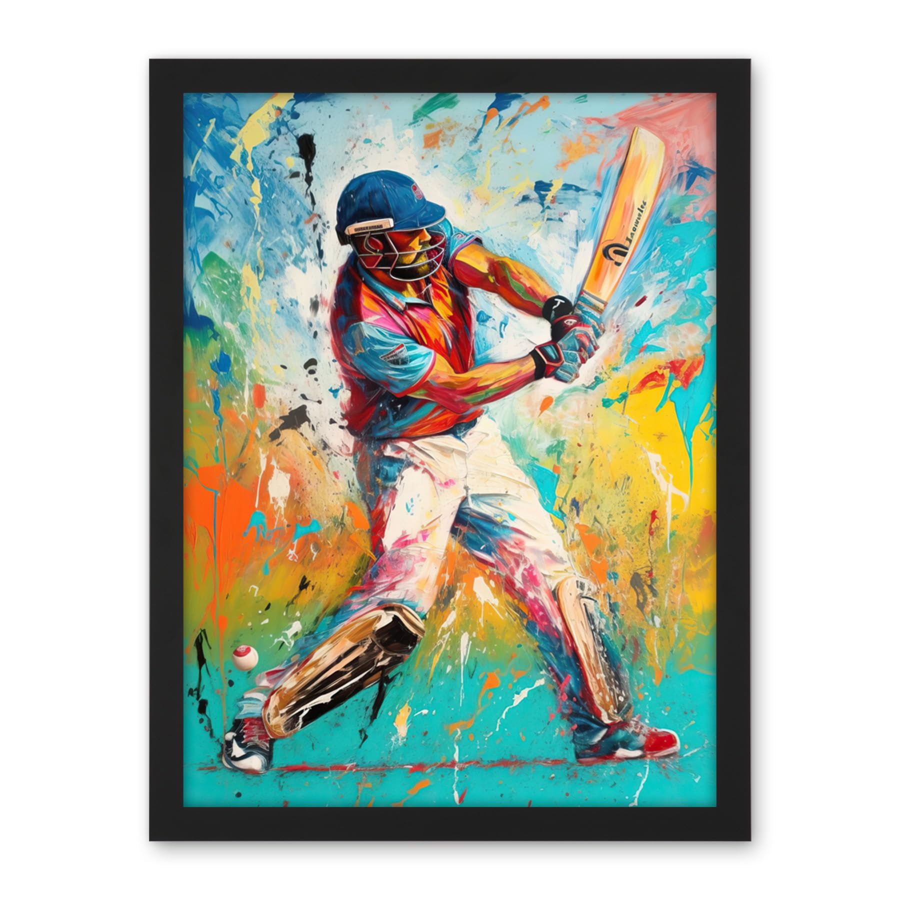 Artery8 Cricket Shot Vibrant Cricketer Batsman Portrait Artwork Framed Wall Art Print 18X24 Inch