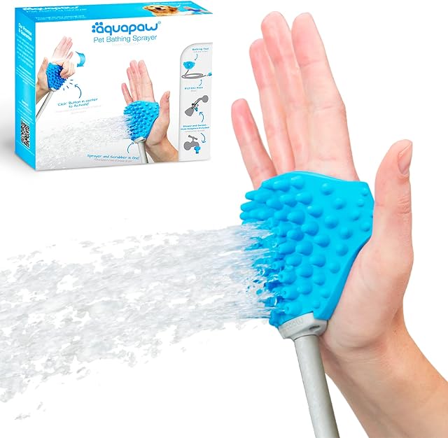Aquapaw Dog Washer & Shower Attachment | Fast & Easy Indoor & Outdoor Pet Bathing, Massaging & Grooming | Includes 8-Foot Dog Shower Hose | Sprayer & Scrubber in 1 | As Seen on Shark Tank - Blue