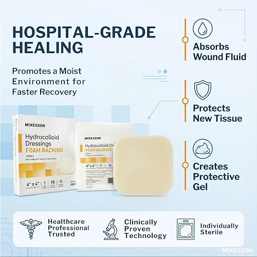 Miniatura 6 de McKesson Apósitos hidrocoloides con respaldo de espuma, estériles, 4 x 4 pulgadas, 10 unidades, 10 paquetes, 100 en total