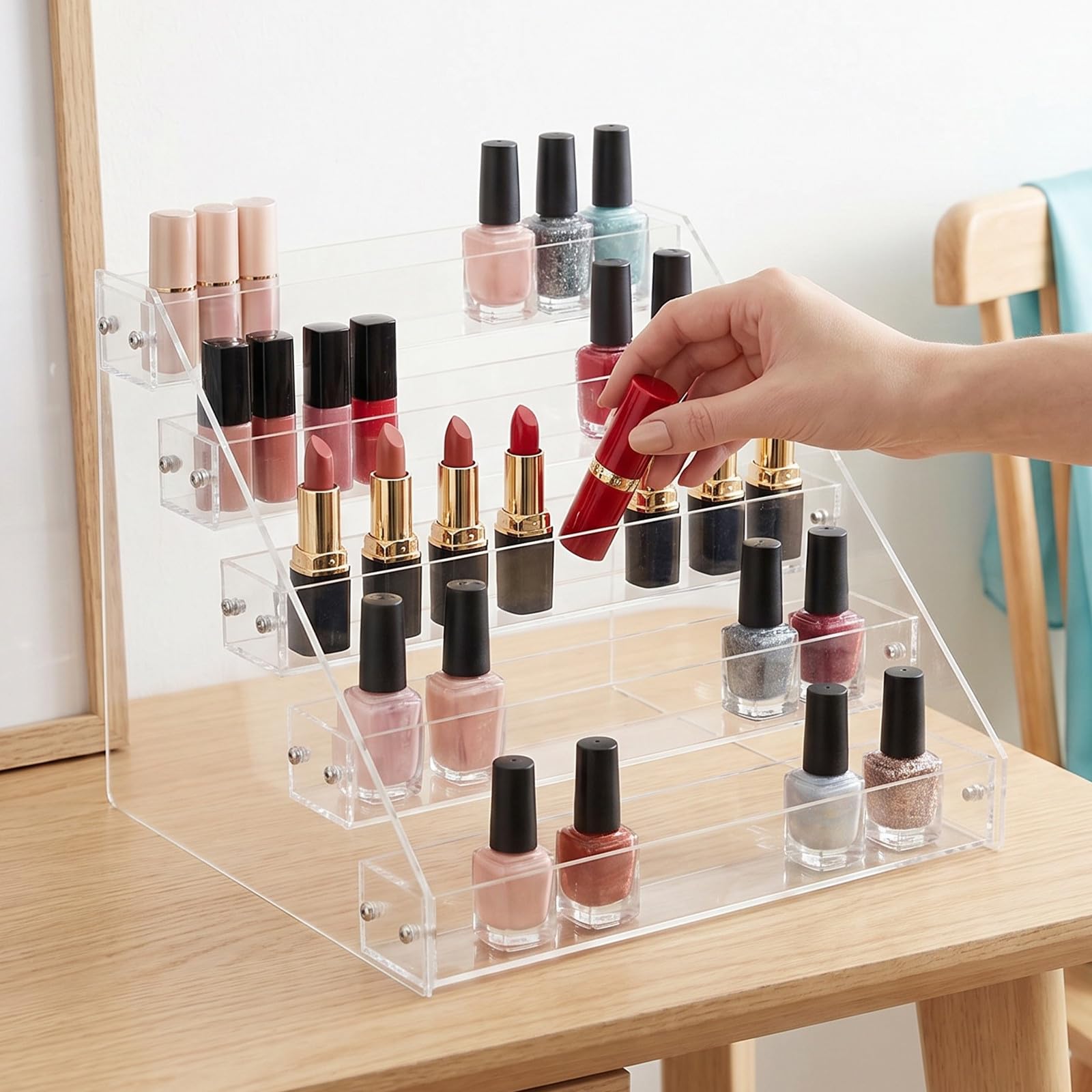 2 Piezas Organizador de Maquillaje Acrílico Transparente de Múltiples Capas con Diseño Escalonado y Acabado Liso para Categorización en Encimeras y Centros de Belleza