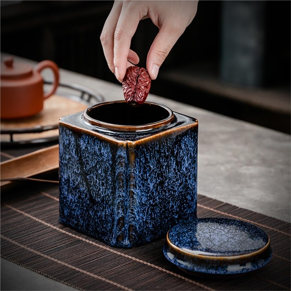 Boîte de rangement pour thé en céramique, forme carrée, taille moyenne, fermeture hermétique, idéale pour ranger thé, café et sucre dans la cuisine. Pot individuel pour une organisation optimale de