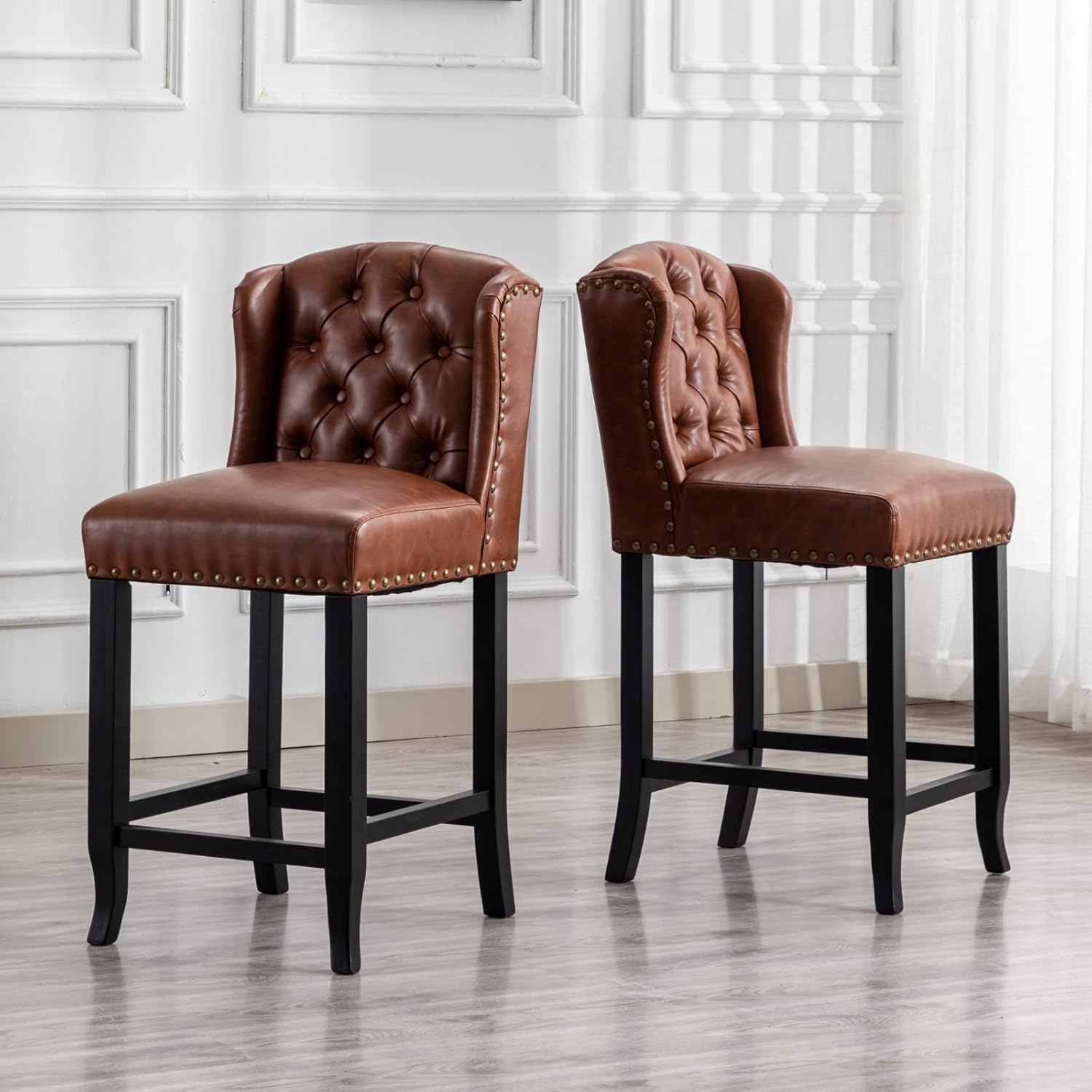Brown PU Upholstered 26" Tufted Bar Stools with Nailhead Trim