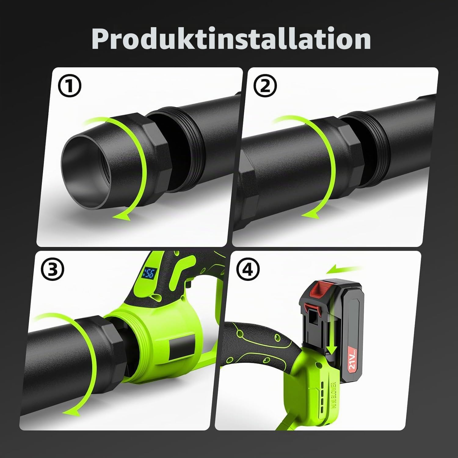 Akku-Laubbläser, 2X 21V Akkus & Schnellladegerät Set, mit stufenloser Geschwindigkeitsregelung, Leichter handgehaltener elektrischer Laubbläser für Rasenpflege, Hof, Garten, Terrasse (Grün-A)