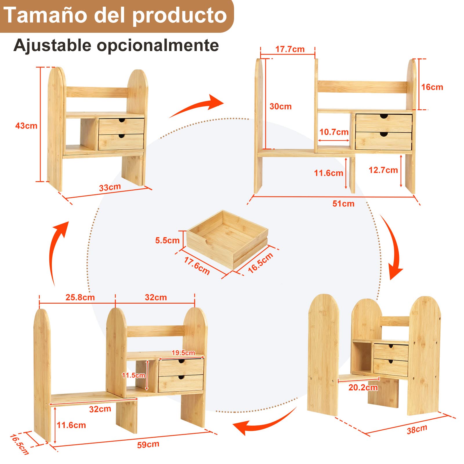 GUUSII HOME Estantería Escritorio Estanteria Pequeña Madera Sobremesa Oficina Organizador Libros con Cajones Estante Livros de Bambú Ajustables Libreria De Pie para Libros