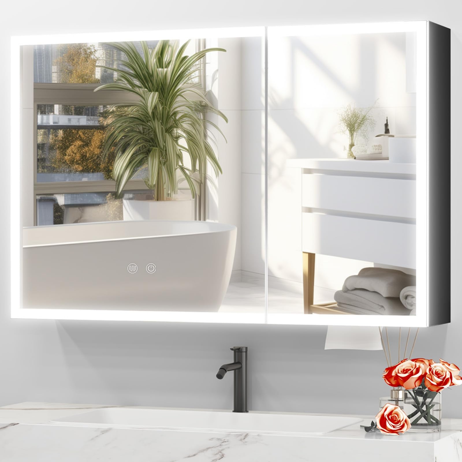 JBLCC Medicine Cabinet with Light (Full Assembled), 39.37''x23.62'' LED Lighted Bathroom Mirror with Storage, Smart Anti-Fog, Aluminum Wall Mounted or Recessed Medicine Cabinet, Black