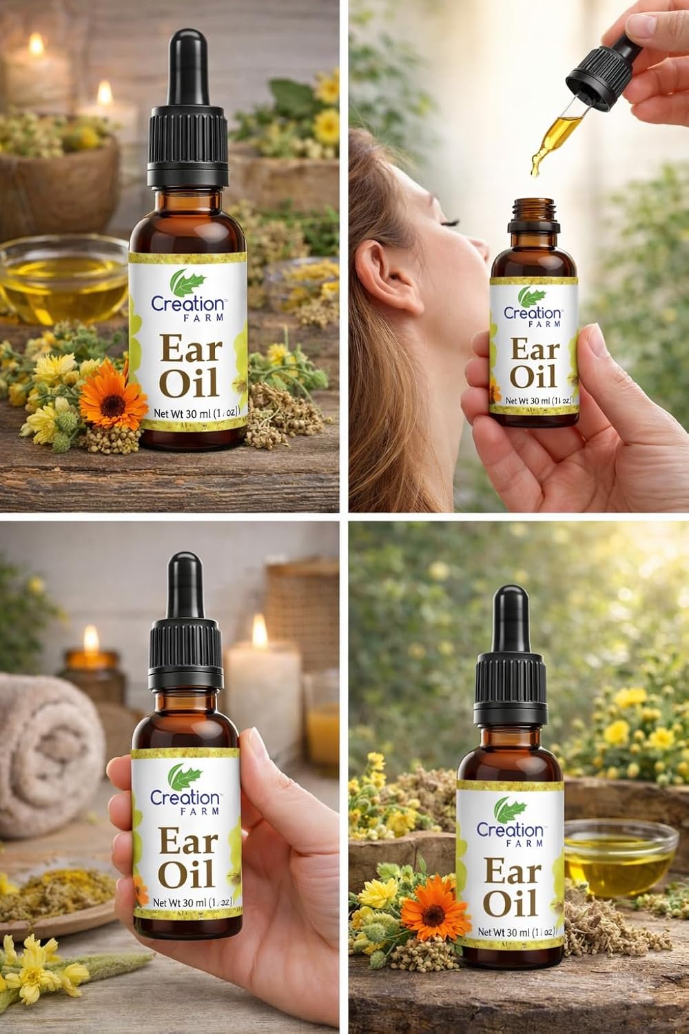 Creation Farm Ear Oil Drops with Mullein, Calendula, St Johns Wort, All Natural Herbal Relief for Earwax Removal, Earache Soothing, Itchy Irritated, Clogged or Dry Ears Made in USA