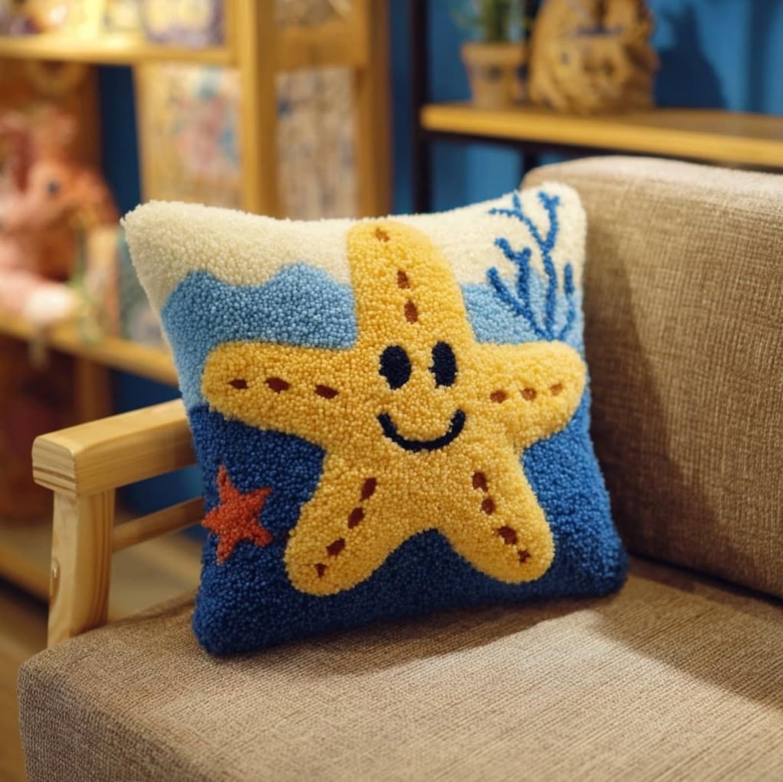 WallustrioaW Latch Hook Cushion Cover Kits 43x43cm,Cartoon Starfish