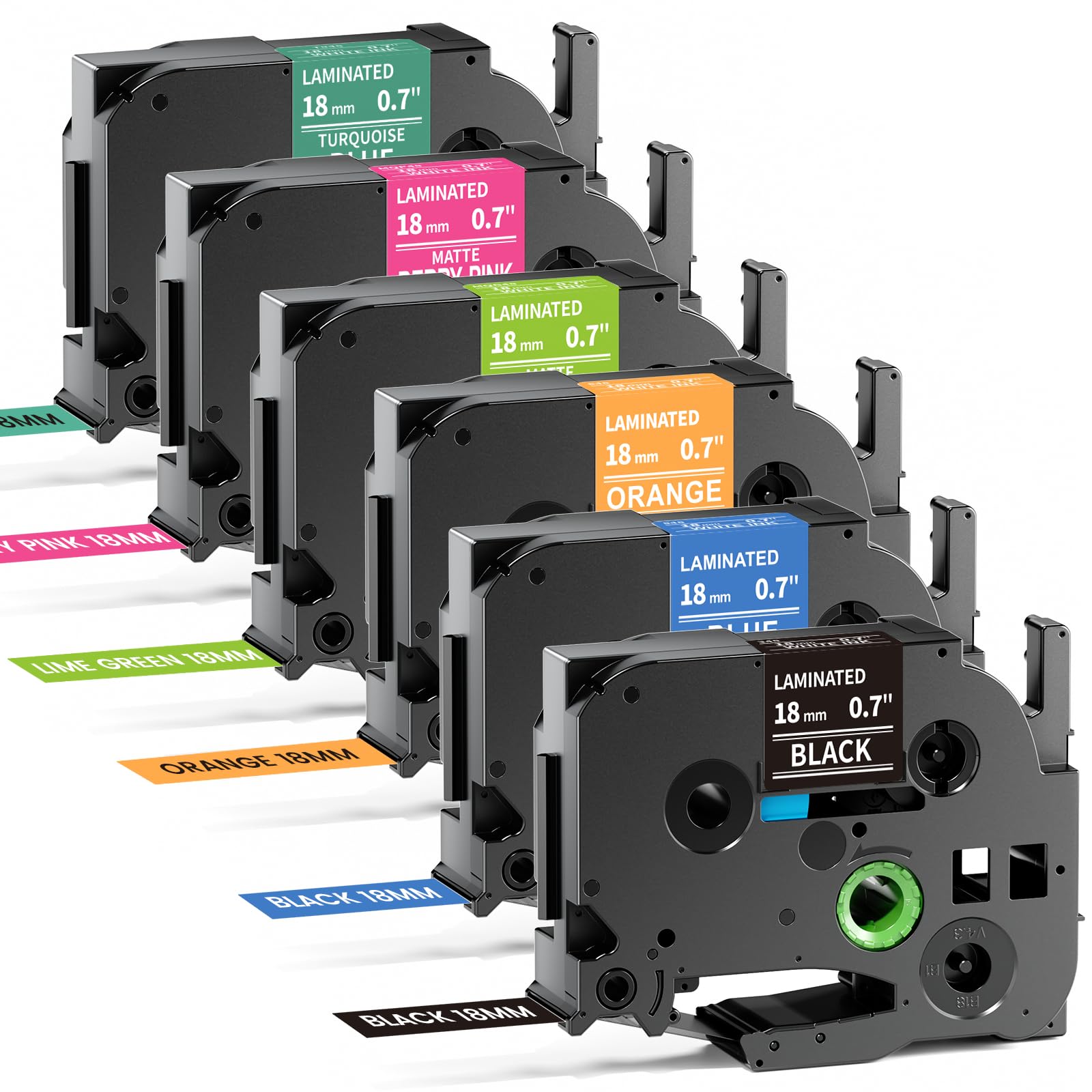 18mm Label Tape Replacement for Brother Label Maker Tape 18mm 0.7 P-Touch TZe Ribbon Laminated TZ Colored Refills Compatible with P Touch PT-D410 D400 D600 1830 1750 Cube Plus, 3/4" x 26.2', 6 Pack