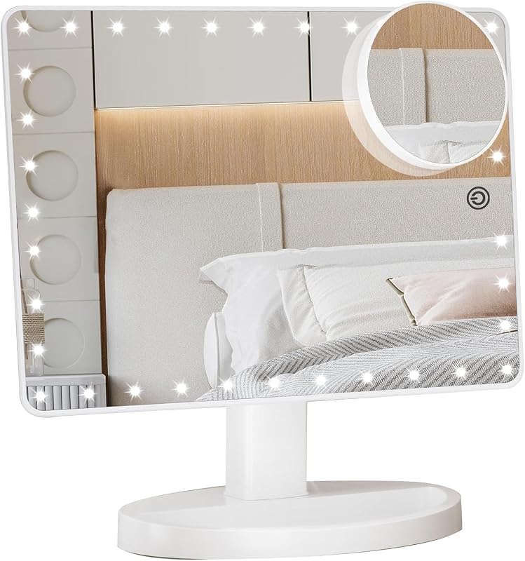 FUNTOUCH Espejo de maquillaje grande iluminado con luces (blanco) | Espejo iluminado con aumento pequeño de 10x para escritorio, pantalla táctil de rotación de 360 ​​°, espejo de tocador de mesa ajustable con brillo